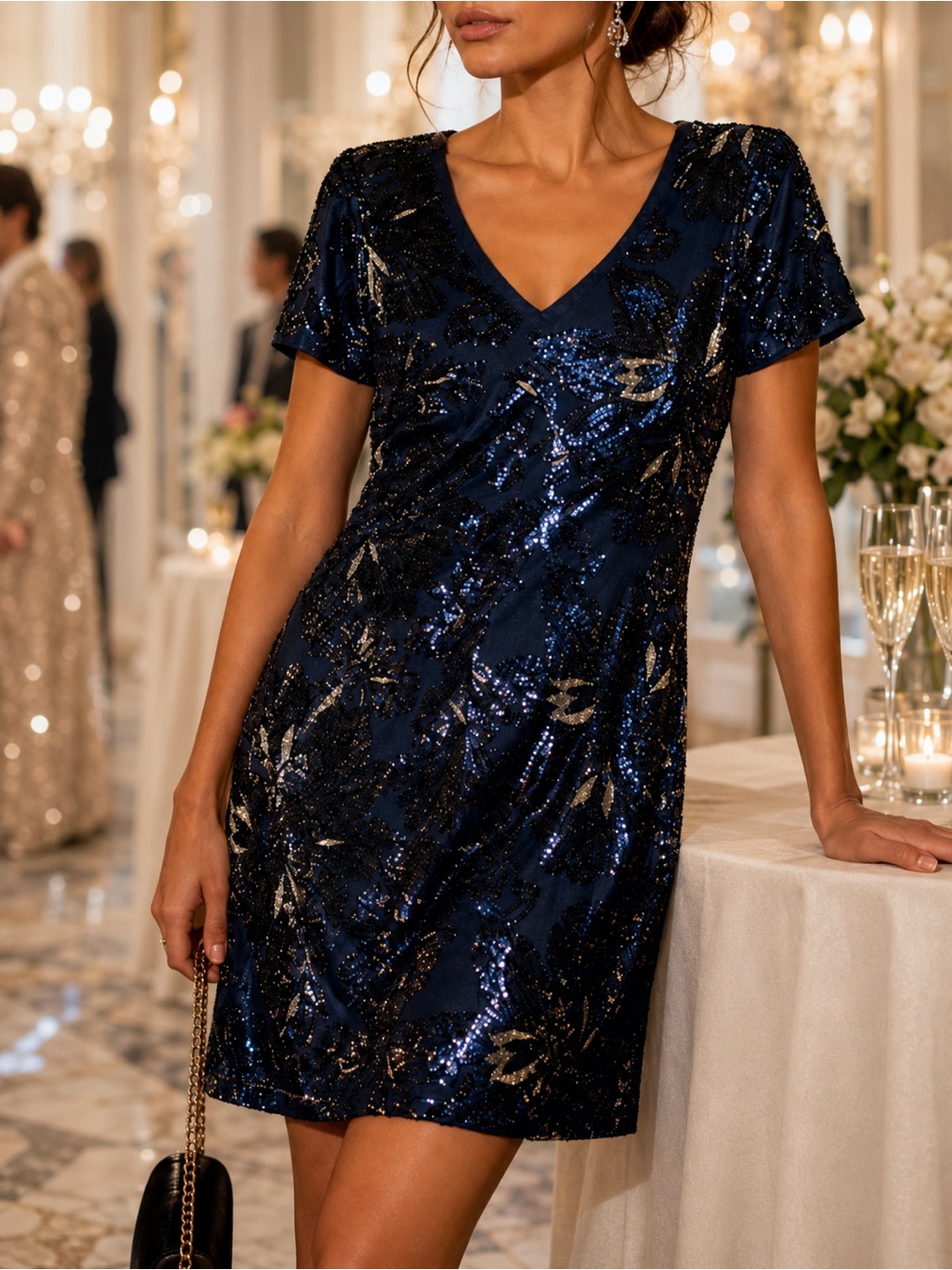 Badgley Mischka Sequin Dress Size 2 Blue Floral